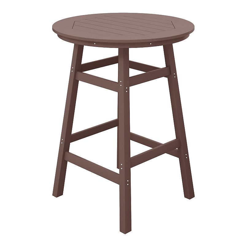 Brown round HDPE outdoor bar table with four legs and cross braces