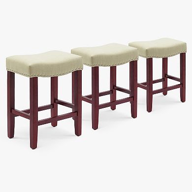 Westintrends 24" Upholstered Saddle Seat Counter Stool With Nailhead Trim (set Of 3), Cherry