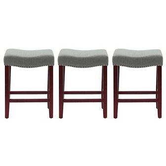 Westintrends 24" Upholstered Saddle Seat Counter Stool With Nailhead Trim (set Of 3), Cherry