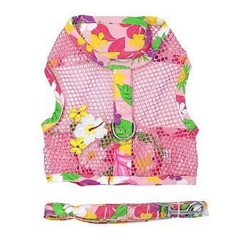 Doggie Design Cool Mesh Hawaiian Floral Dog Harness With Leash