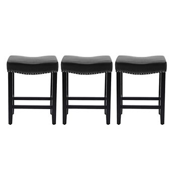 Westintrends 24" Upholstered Saddle Seat Counter Stool With Nailhead Trim (set Of 3), Black
