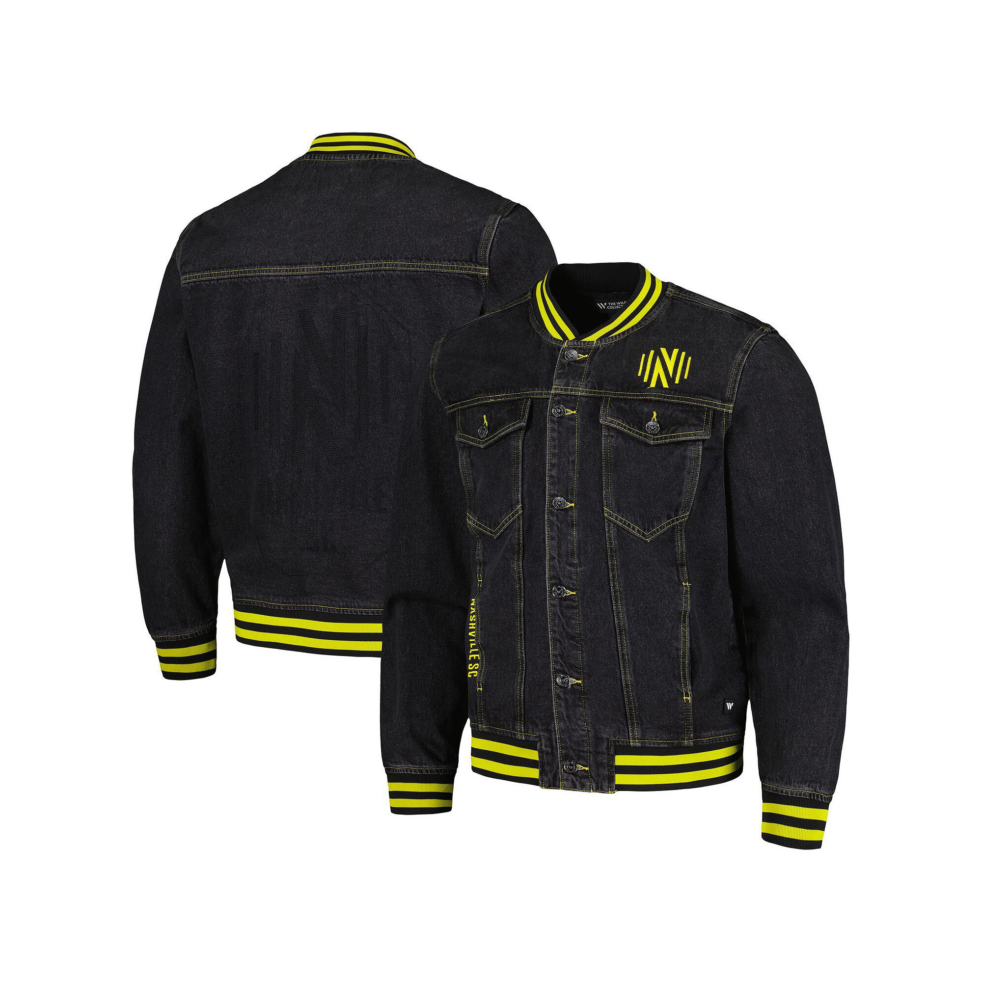 Mens The Wild Collective  Black Nashville SC Denim Full-Button Bomber Jack