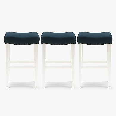 Westintrends 29" Upholstered Saddle Seat Bar Stool With Nailhead Trim (set Of 3), Antique White