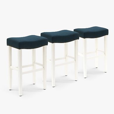 Westintrends 29" Upholstered Saddle Seat Bar Stool With Nailhead Trim (set Of 3), Antique White