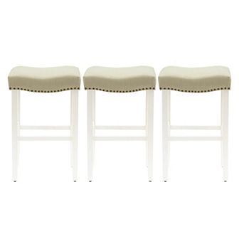 Westintrends 29" Upholstered Saddle Seat Bar Stool With Nailhead Trim (set Of 3), Antique White