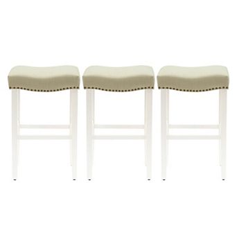 Westintrends 29" Upholstered Saddle Seat Bar Stool With Nailhead Trim (set Of 3), Antique White