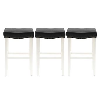 Westintrends 29" Upholstered Saddle Seat Bar Stool With Nailhead Trim (set Of 3), Antique White