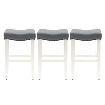 Westintrends 29" Upholstered Saddle Seat Bar Stool With Nailhead Trim (set Of 3), Antique White