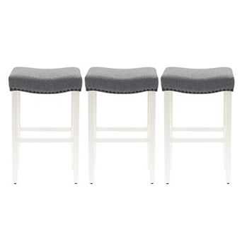 Westintrends 29" Upholstered Saddle Seat Bar Stool With Nailhead Trim (set Of 3), Antique White