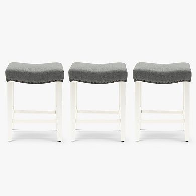 Westintrends 24" Upholstered Saddle Seat Counter Stool With Nailhead Trim (set Of 3), Antique White