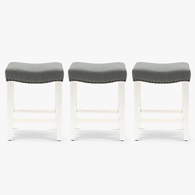 24" Upholstered Saddle Seat Antique White Counter Stool (set Of 3)