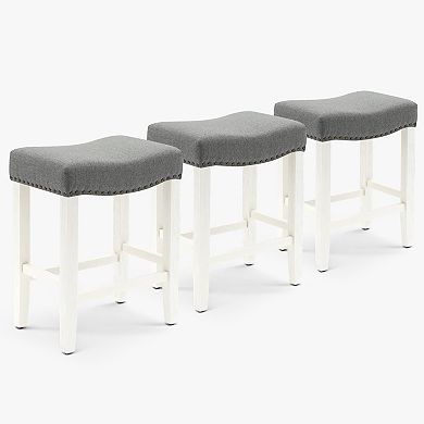 Westintrends 24" Upholstered Saddle Seat Counter Stool With Nailhead Trim (set Of 3), Antique White