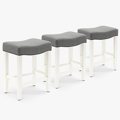 24" Upholstered Saddle Seat Antique White Counter Stool (set Of 3)