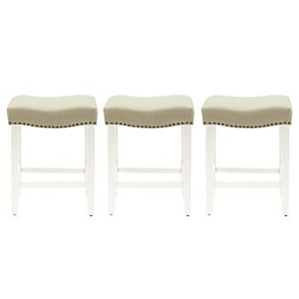 Westintrends 24" Upholstered Saddle Seat Counter Stool With Nailhead Trim (set Of 3), Antique White