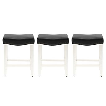 Westintrends 24" Upholstered Saddle Seat Counter Stool With Nailhead Trim (set Of 3), Antique White