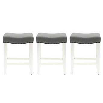 Westintrends 24" Upholstered Saddle Seat Counter Stool With Nailhead Trim (set Of 3), Antique White