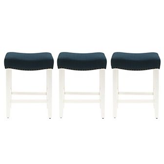 Westintrends 24" Upholstered Saddle Seat Counter Stool With Nailhead Trim (set Of 3), Antique White