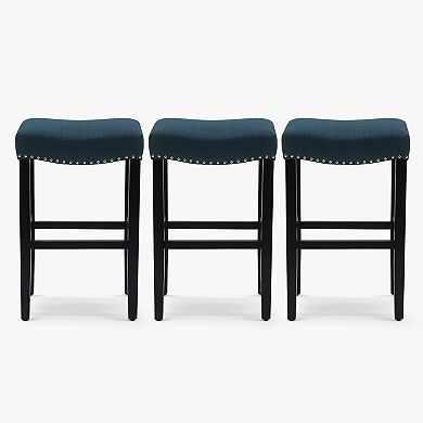 Westintrends 29" Upholstered Saddle Seat Bar Stool With Nailhead Trim (set Of 3), Black