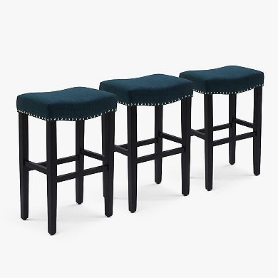 Westintrends 29" Upholstered Saddle Seat Bar Stool With Nailhead Trim (set Of 3), Black