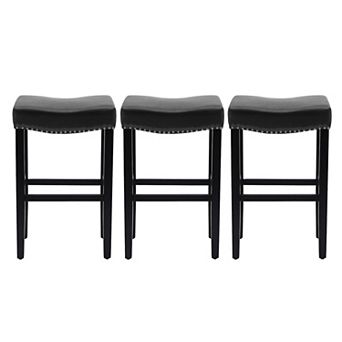 Westintrends 29" Upholstered Saddle Seat Bar Stool With Nailhead Trim (set Of 3), Black