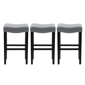 Westintrends 29" Upholstered Saddle Seat Bar Stool With Nailhead Trim (set Of 3), Black
