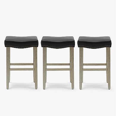 Westintrends 29" Upholstered Saddle Seat Bar Stool With Nailhead Trim (set Of 3), Antique Gray