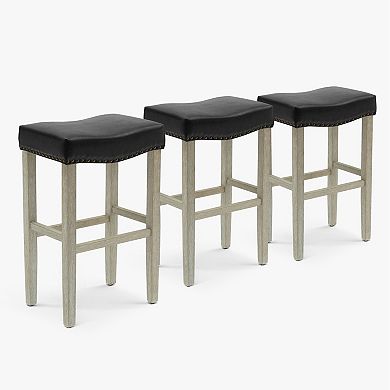 Westintrends 29" Upholstered Saddle Seat Bar Stool With Nailhead Trim (set Of 3), Antique Gray