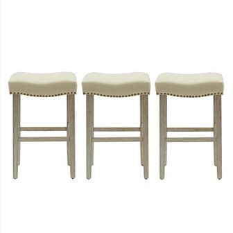 Westintrends 29" Upholstered Saddle Seat Bar Stool With Nailhead Trim (set Of 3), Antique Gray