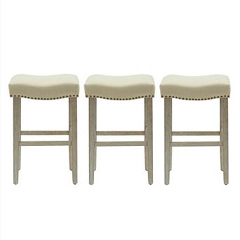 Westintrends 29" Upholstered Saddle Seat Bar Stool With Nailhead Trim (set Of 3), Antique Gray