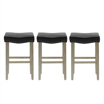 Westintrends 29" Upholstered Saddle Seat Bar Stool With Nailhead Trim (set Of 3), Antique Gray