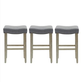 Westintrends 29" Upholstered Saddle Seat Bar Stool With Nailhead Trim (set Of 3), Antique Gray