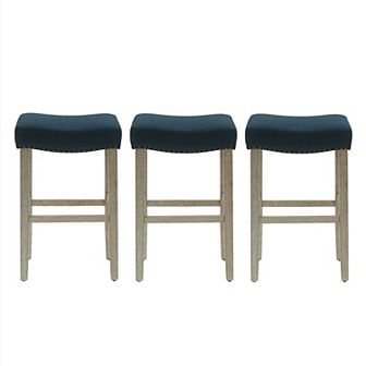 Westintrends 29" Upholstered Saddle Seat Bar Stool With Nailhead Trim (set Of 3), Antique Gray