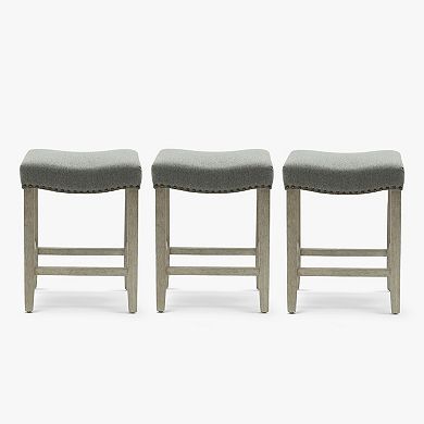 Westintrends 24" Upholstered Saddle Seat Counter Stool With Nailhead Trim (set Of 3), Antique Gray