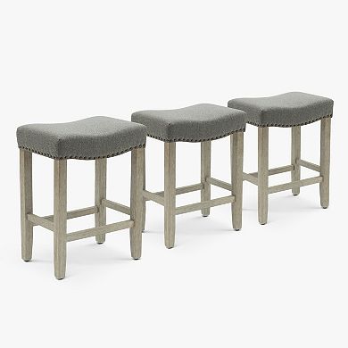 Westintrends 24" Upholstered Saddle Seat Counter Stool With Nailhead Trim (set Of 3), Antique Gray