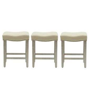 Westintrends 24" Upholstered Saddle Seat Counter Stool With Nailhead Trim (set Of 3), Antique Gray