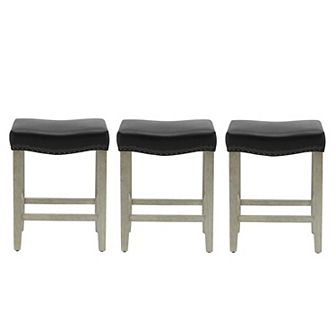 Westintrends 24" Upholstered Saddle Seat Counter Stool With Nailhead Trim (set Of 3), Antique Gray