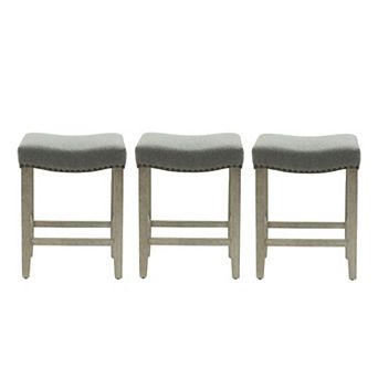 Westintrends 24" Upholstered Saddle Seat Counter Stool With Nailhead Trim (set Of 3), Antique Gray