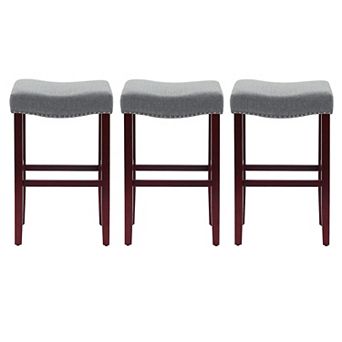 Westintrends 29" Upholstered Saddle Seat Bar Stool With Nailhead Trim (set Of 3), Cherry