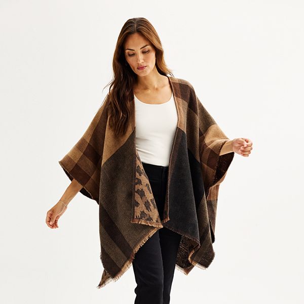Women's Nine West Reversible Plaid & Animal Print Ruana