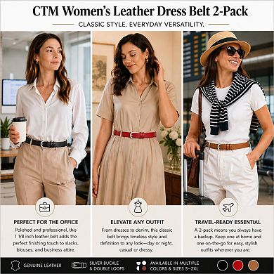 CTM Women's Leather Dress Belt 2 Color Pack 1 1/8 Inch Silver Buckle