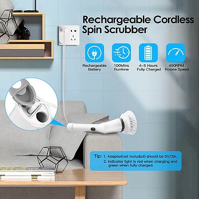 Rechargeable Cordless Spin Scrubber 6 Heads, 2 Speeds, Extendable For Bathroom Cleaning