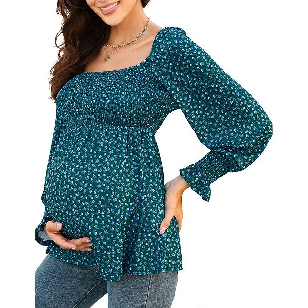 Smocked Convertible Neckline Bishop Sleeve Maternity Top
