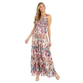 Women's R&M Richards Metallic Floral Print Ruched Waist V-Neck Maxi Dress