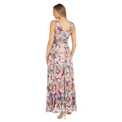 Women's R&M Richards Metallic Floral Print Ruched Waist V-Neck Maxi Dress