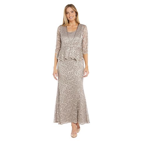 Женские платья R&M Women's R&M Richards Shimmery Lace Evening Jacket & Sleeveless Maxi Dress