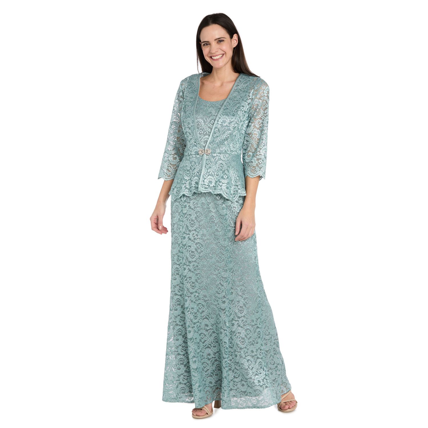 Женское платье R&M Richards Shimmery Lace Evening Jacket & Sleeveless Maxi, цвет: Celadon — фото 1