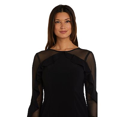 Women's R&M Richards Sheer Detailed Long Sleeve Ruffly Midi Dress