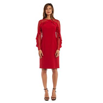 Women's R&M Richards Sheer Detailed Long Sleeve Ruffly Midi Dress
