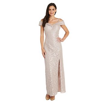 Women's R&M Richards Off-The-Shoulder Shimmery Lace Side Slit Maxi Dress