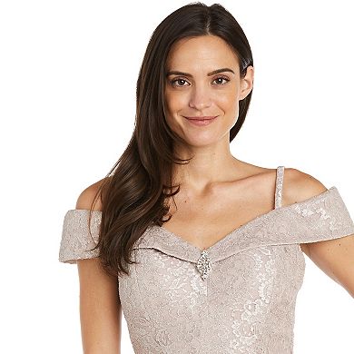 Women's R&M Richards Off-The-Shoulder Shimmery Lace Side Slit Maxi Dress